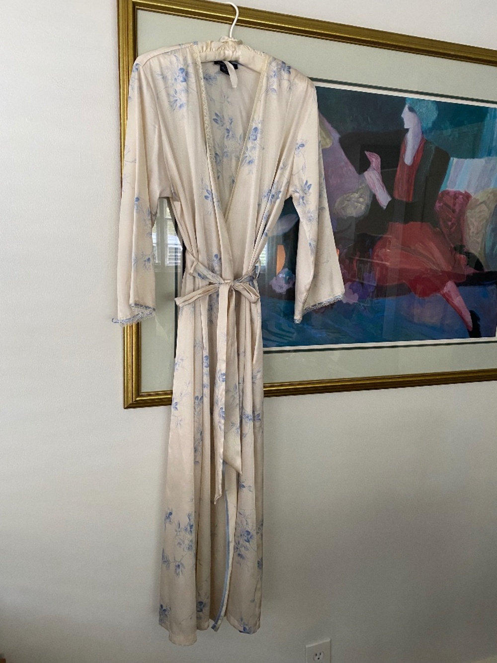 Cream & Blue Floral Satin Robe Lace Trim Romantic Cottage L/XL